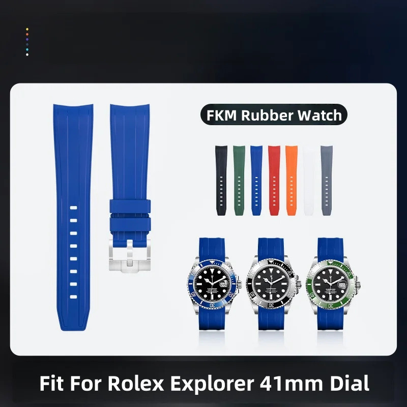 21 มม.สําหรับ Rolex Explorer 2 fkm สายนาฬิกายาง 41 มม.Dial การออกแบบปลายโค้งไม่มี Gap Fluorubber สาย