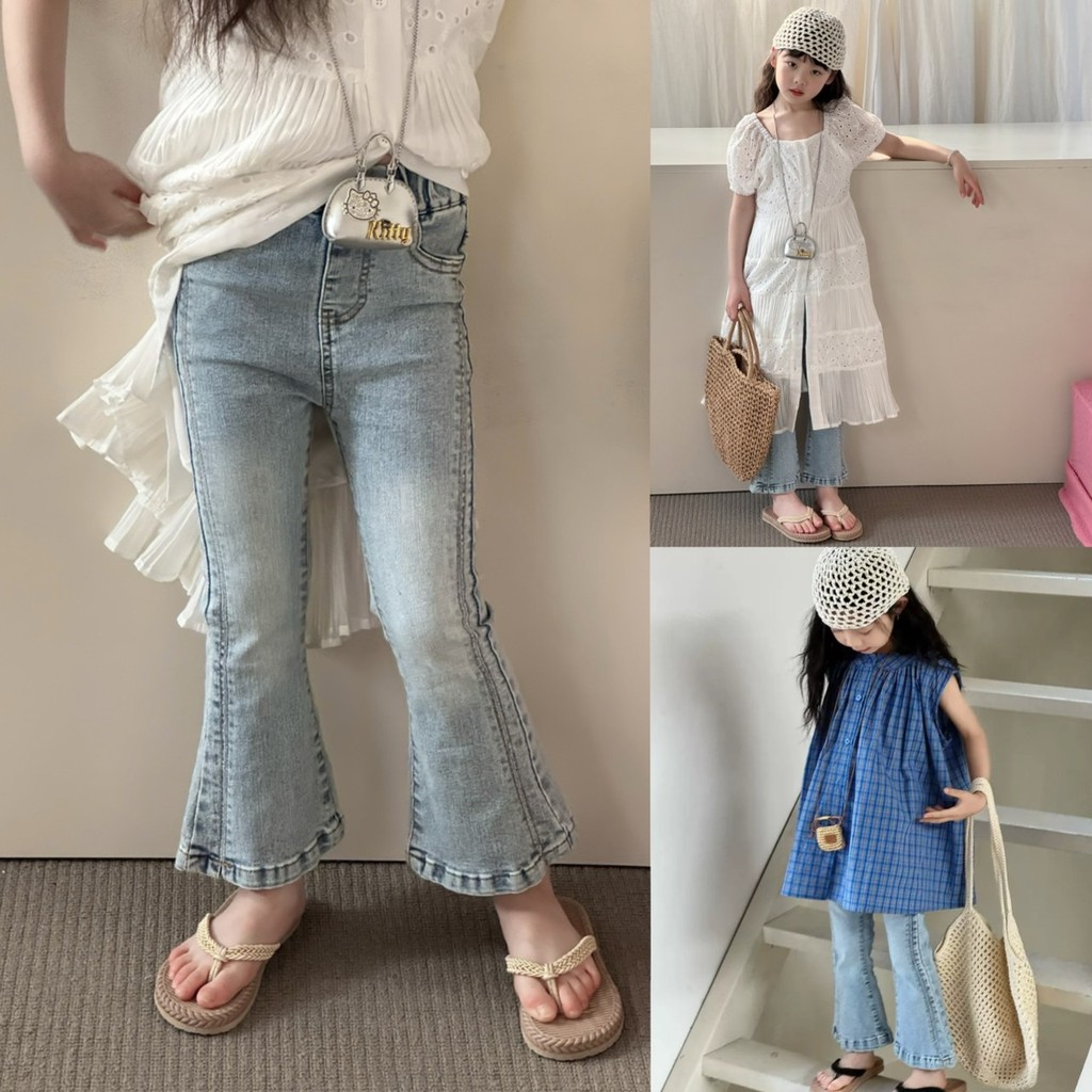 PRETTY BABY กางเกงเด็ก กางเกงยีนส์ ทรงขาม้า ขาบาน แฟชั่นเด็กผู้หญิง(2087)