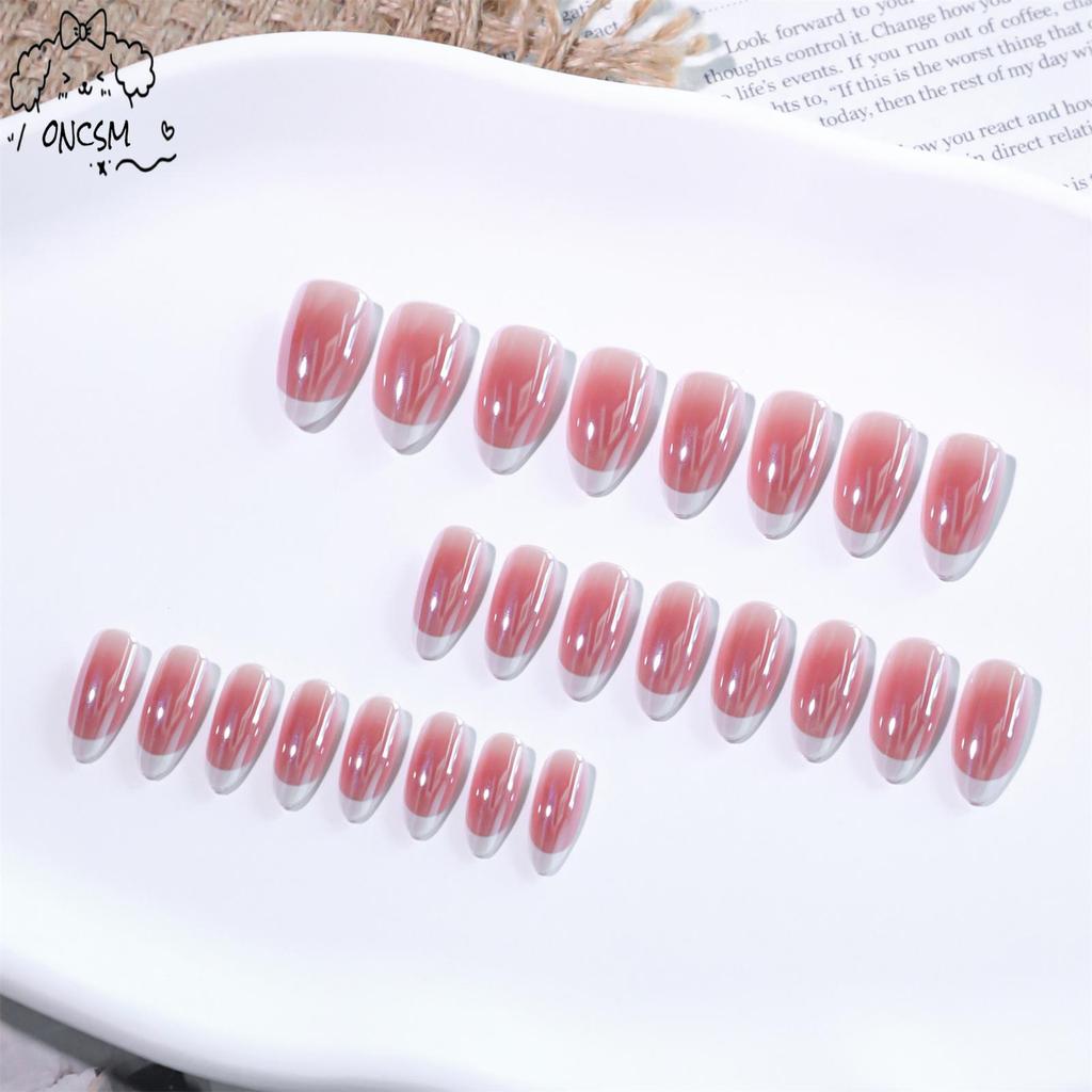 French White Ombre Blush เล็บปลอม 24 ชิ้นทนทานเคลือบรูปร่างอัลมอนด์สําหรับโอกาสทุกวันและทางการ