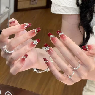 แผ่นติดแบบฝรั่งเศส 🍒 10 ชิ้น เล็บปลอม เล็บปลอมติด nail เล็บปลอมเจล งานแฮนด์เมด 🎨 ใช้ซ้ําได้ หลากหลายแบบให้เลือก