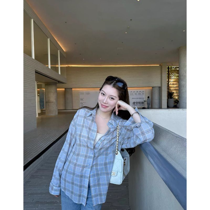 Sea Salt Sage Retro เสื้อย้อมลายสก๊อตจากฝ้ายแขนยาว สบาย ๆ กางเกงคาร์ดิแกนสีครีมสำหรับฤดูใบไม้ผลิและฤดูร้อน