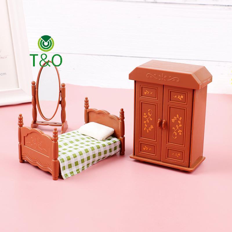 [T&OT] 1:12 Dollhouse Miniature Furniture Bedroom Set Bed Dresser Mirror Cabinet Model [ใหม่]