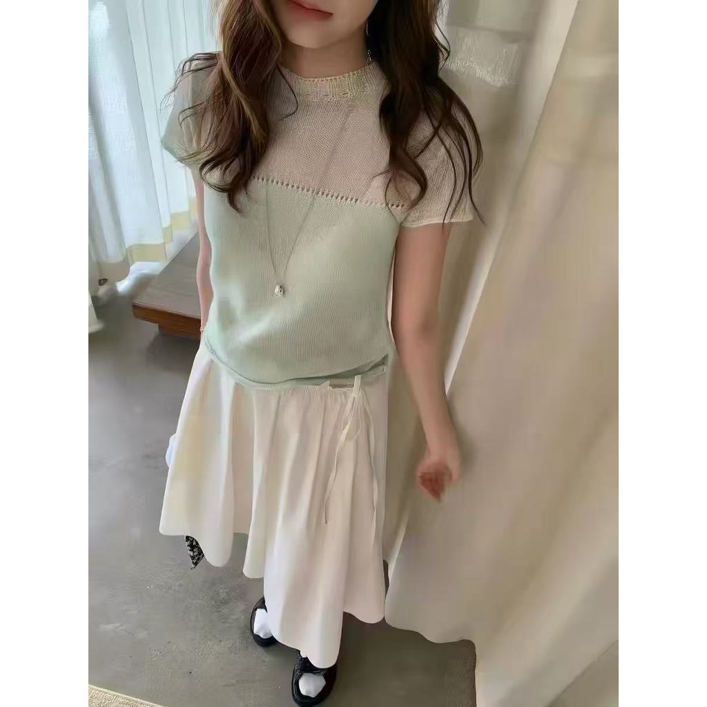 เสื้อถักคอกลมแขนสั้น Hollow สำหรับผู้หญิง ใส่ได้ทั้งฤดูใบไม้ผลิและฤดูร้อน ดีไซน์สวยงาม