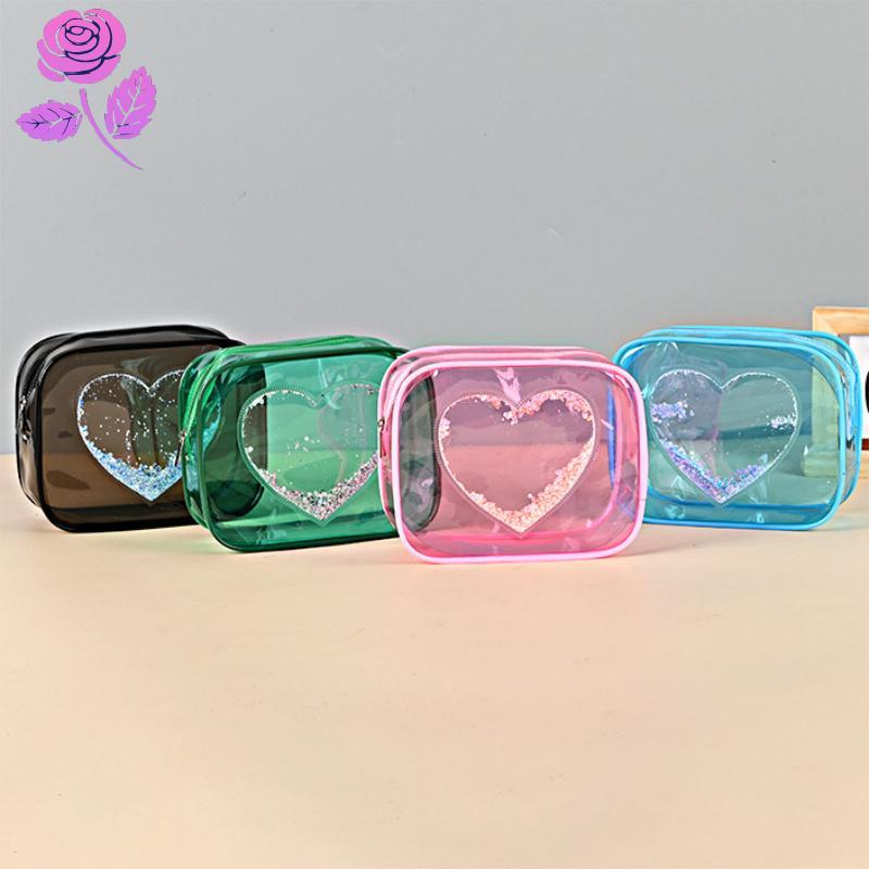 Good Sequin Love PVC กระเป๋าเครื่องสําอางโปร่งใสผู้หญิงความจุสูงแบบพกพากันน้ํา Sundries กระเป๋าเก็บก
