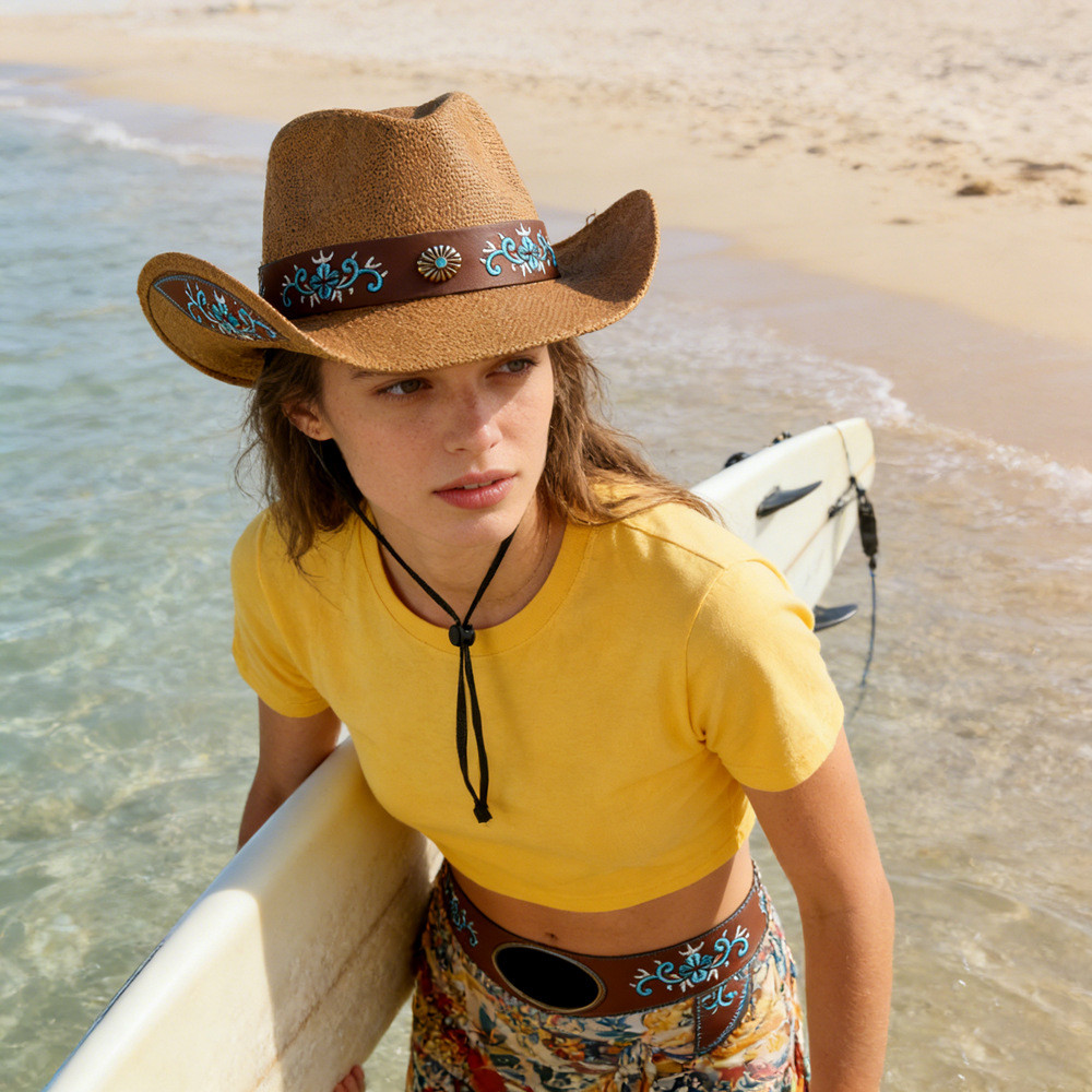 Bohemian style embroidered cowboy hat for men and women, western riding sun protection straw hat, su
