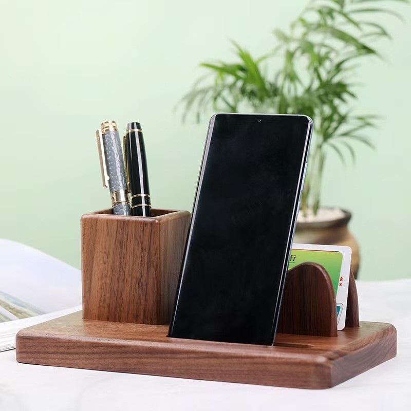 [ขายร้อน] Creative Solid Wood High-End Desktop Phone Holder Lazy Black Walnut Color Phone Holder Tab