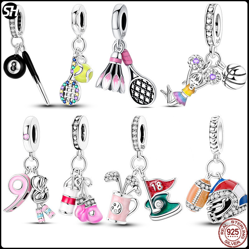 Original 925 เงินเบสบอลกระโดดเชือกถุงมือมวย Charms ทรายกระเป๋า Pingents บัญชีหัวสร้อยข้อมือ DIY