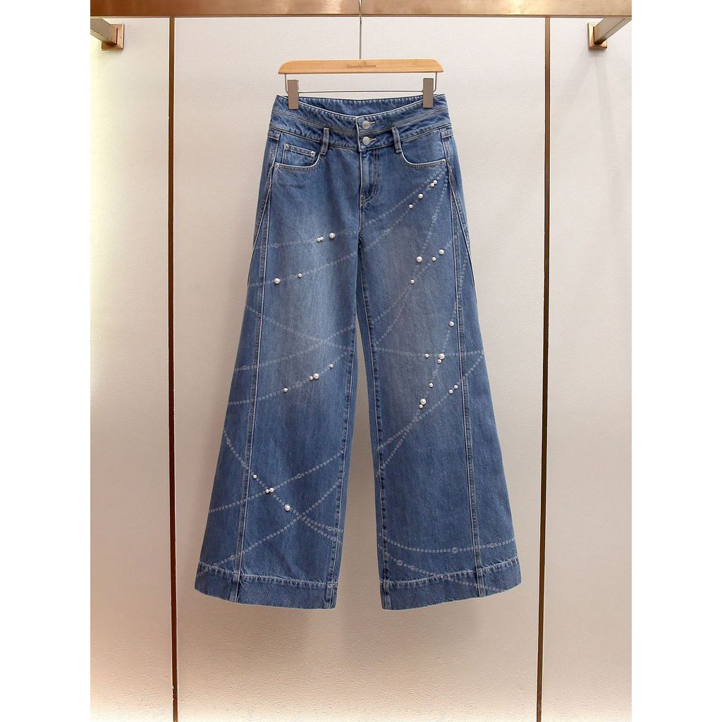 CO9E Sandro Women's Fall/Winter New Vintage Versatile Design Beaded Wide-Leg High-Waisted Long Jeans