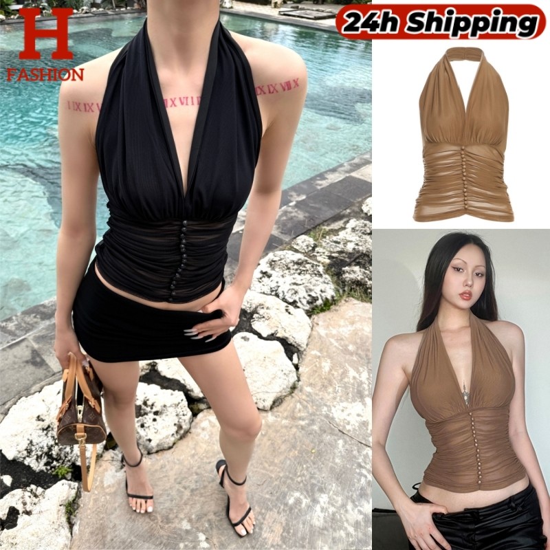 HOT 'พร้อมส่ง' เสื้อคล้องคอเปิดไหล่ แต่งกระดุมกลม เรียบหรู ใส่สบาย ไม่มีฟองน้ำ FY5099#1