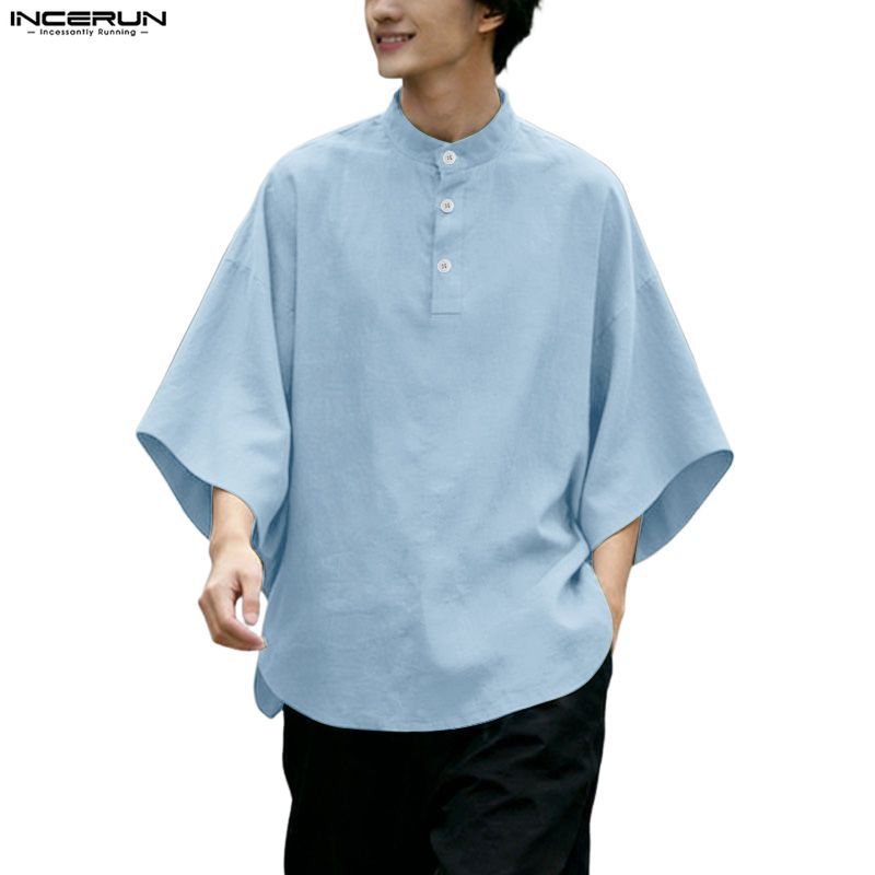 INCERUN กางเกงและเสื้อยาว 3/4 สำหรับผู้ชาย สไตล์เกาหลี แบบโอเวอร์ไซซ์แบ็กกี้ ใส่ง่ายสบาย