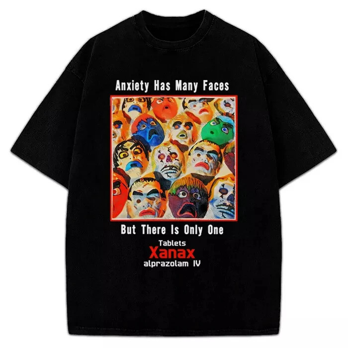 เสื้อยืดผ้าฝ้ายลาย Xanax ลดความวิตกกังวล พร้อมลวดลายใบหน้าคนหลากหลายแบบ เสื้อยืดพิมพ์ลายสำหรับผู้ชาย