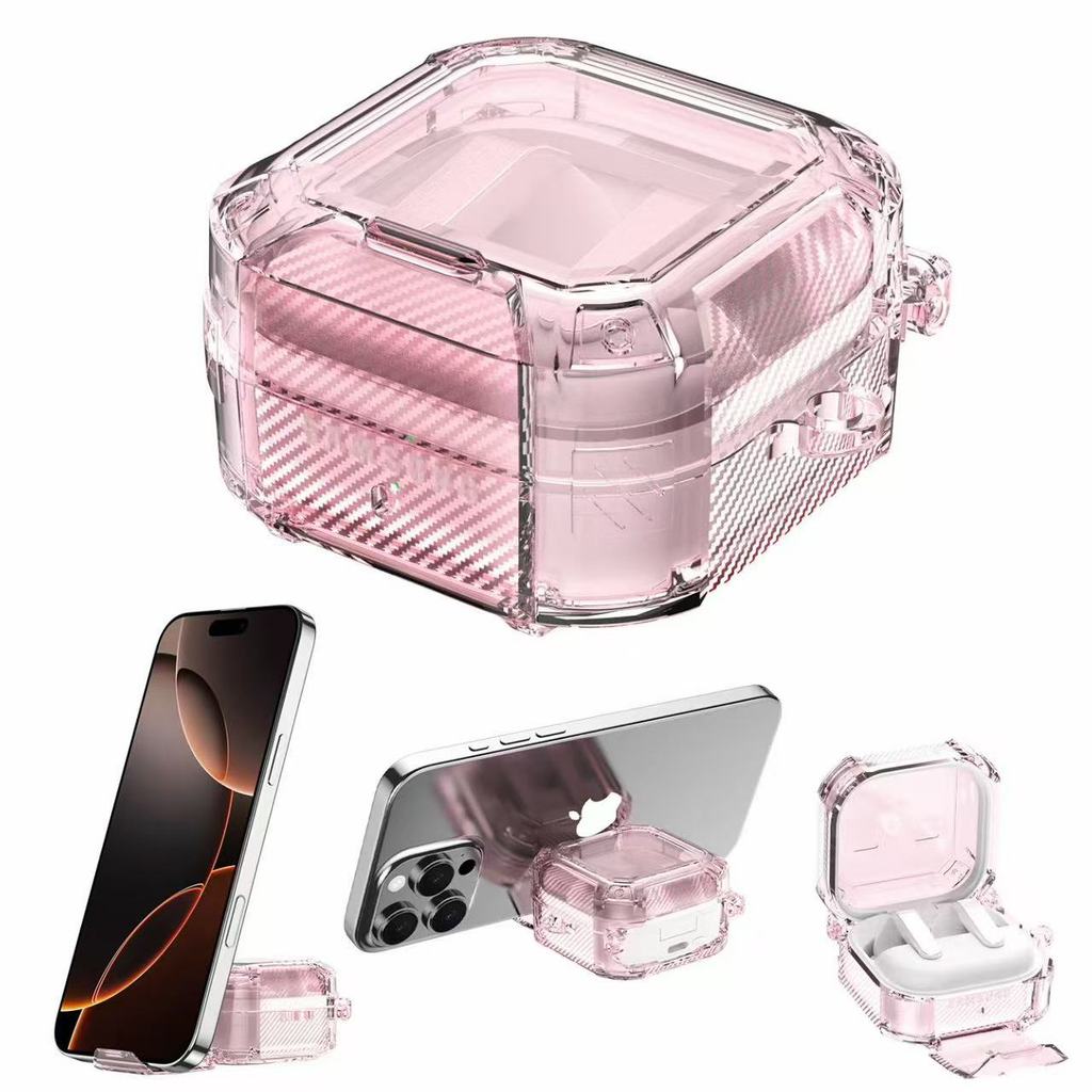 Secure Lock สําหรับ Samsung Galaxy Buds 4 Pro Case/Galaxy Buds 4 Case Clear,Shockproof สําหรับ Samsung Galaxy Bud 4/4 Pro Cover พร้อมขาตั้งโทรศัพท์,ผิว TPU แบบนุ่มพร้อมคาราบิเนอร์