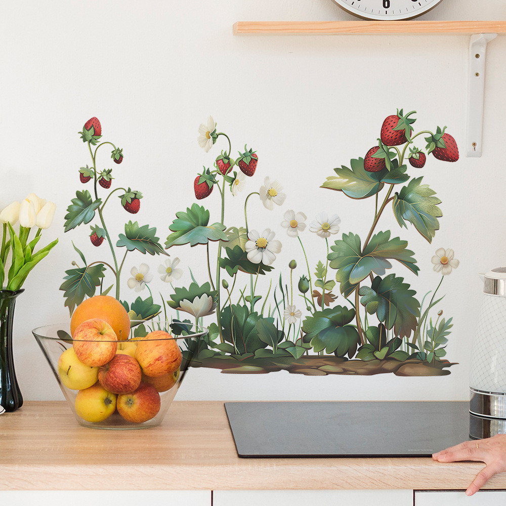 สตรอเบอร์รี่ดอกไม้พืชสีเขียวสติ๊กเกอร์ห้องนอนห้องเด็กอนุบาลตกแต่งบ้านสติ๊กเกอร์ติดผนังติดด้วยตนเอง