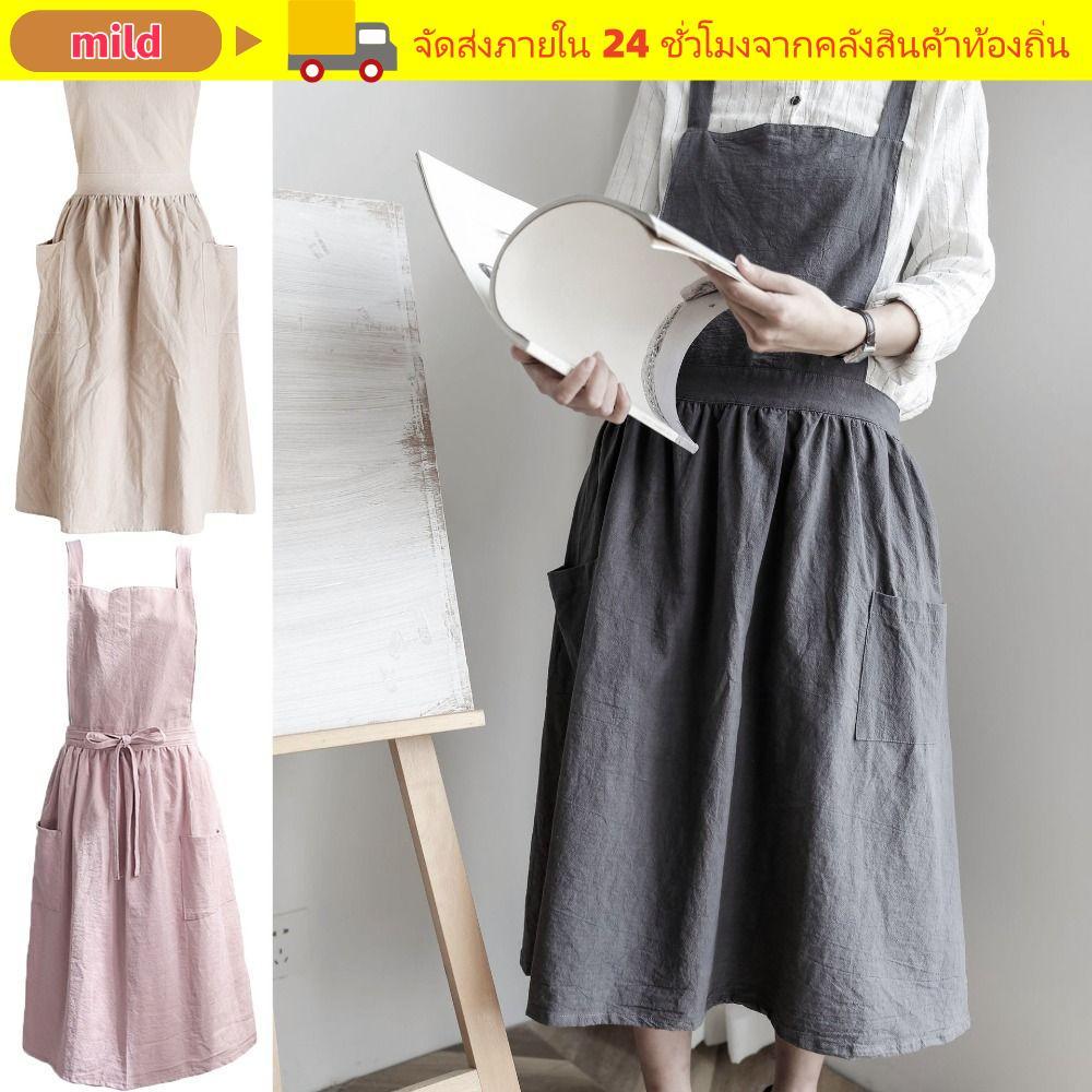 MILD ผ้ากันเปื้อนผ้าลินิน, ผ้ากันเปื้อน Nordic Florist สไตล์เกาหลี, ชุดทํางานผ้าฝ้าย
