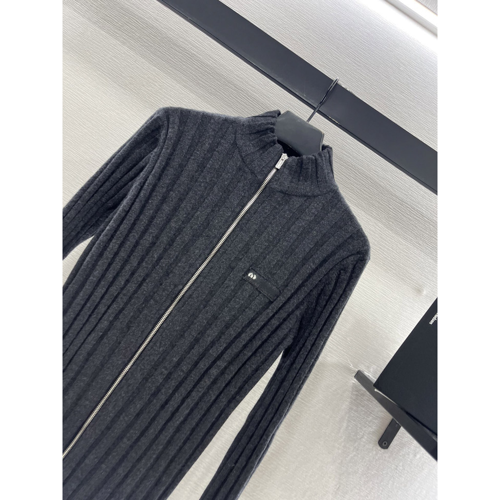 U8JJ MIUMIU Fashion Versatile Stand Collar Double Zipper Knitted Cardigan for Women Autumn Winter Le