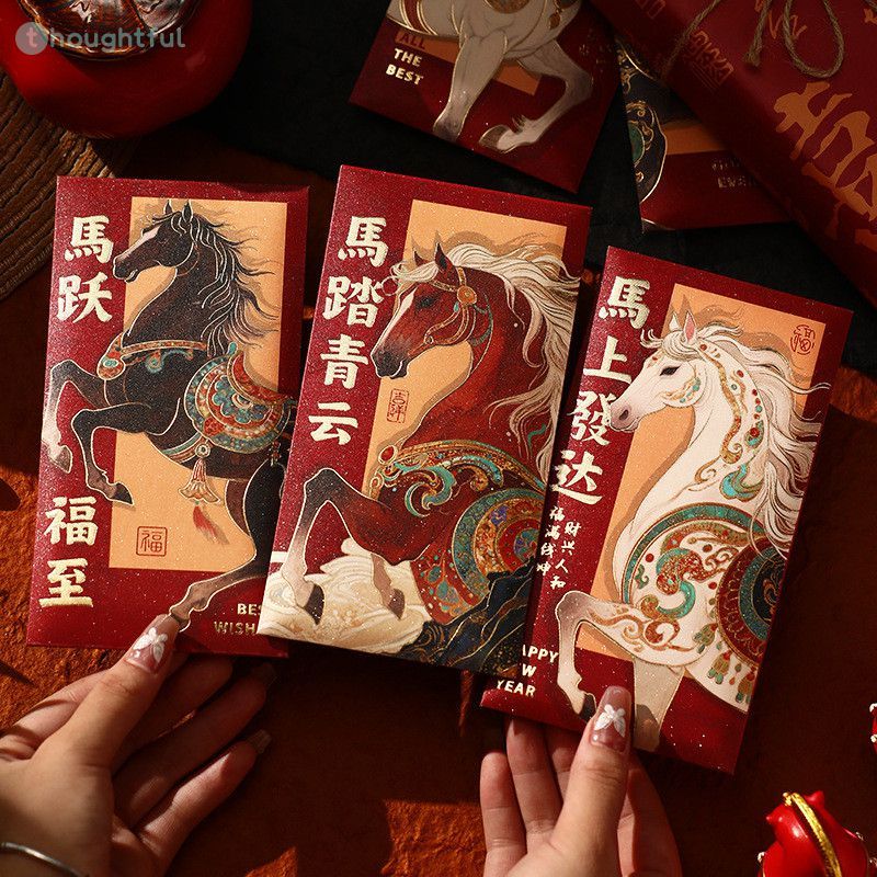 ซองใส่เงินปีใหม่ 6 ชิ้น คละแบบ ลายม้าแดง ซองใส่เงินแบบหนาดั้งเดิม TH