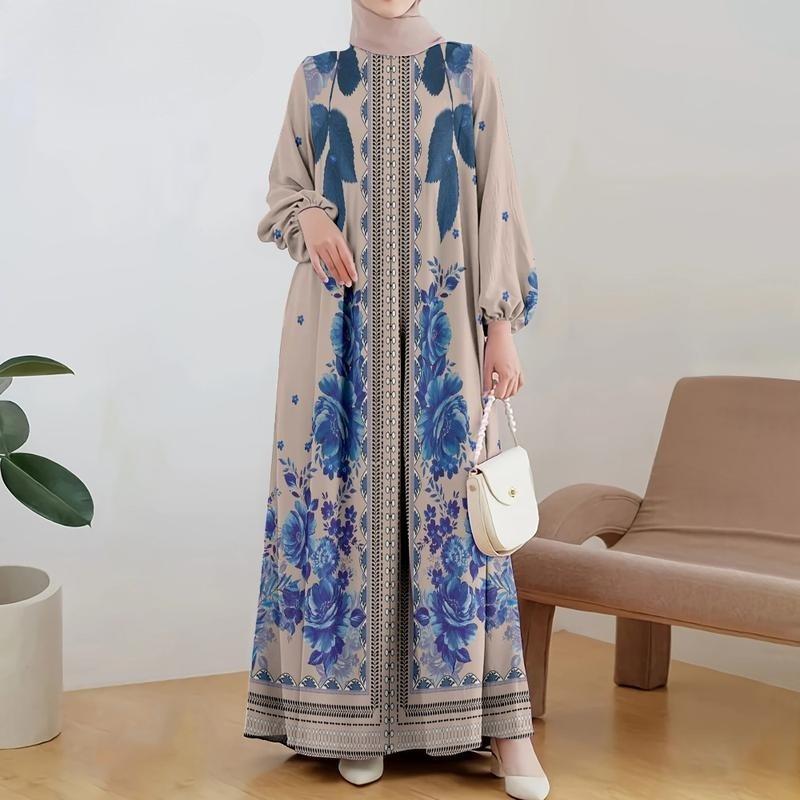 ประณีต Line-Patterned มุสลิม Maxi Robe, Featuring Vintage Geometric Pattern Trim ที่ Hem & Puff Sleeve Loose Silhouette, ชุด Eid 2026