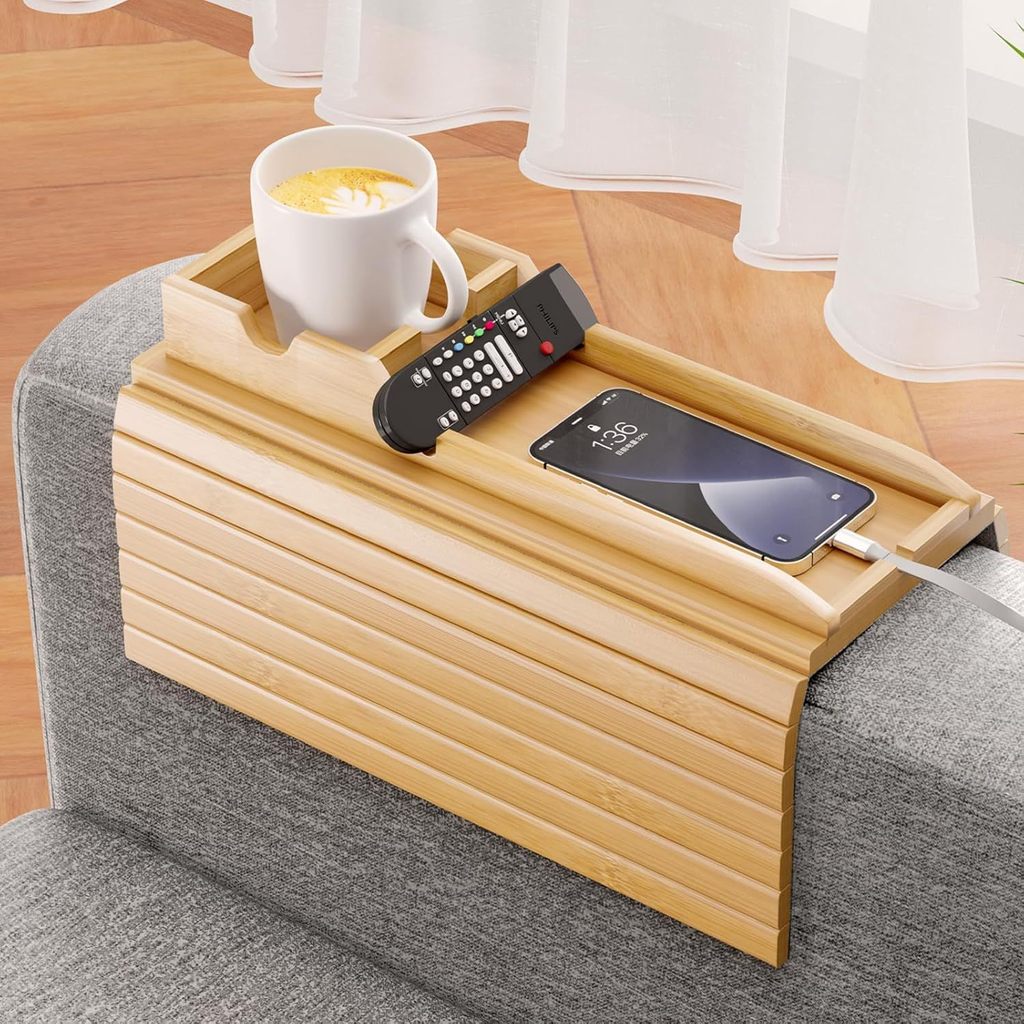 Solid Wood Sofa Armrest Tray Foldable Multifunctional Home Lazy Snack Tea Table Storage Sofa Tray