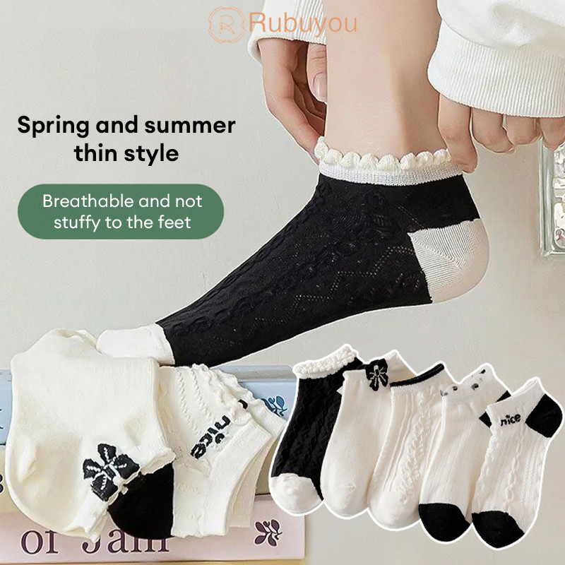 Rubuyou ถุงเท้าสั้นบาง สไตล์ญี่ปุ่น ลายโบว์ สำหรับผู้หญิง ฤดูร้อน ถุงเท้าทรงเรือ-COD💕