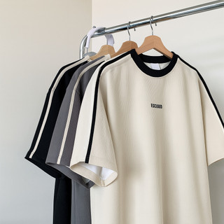 YS Korean style casual retro loose T-shirt, oversized T-shirt suitable for men and couples, retro waffle shirt
