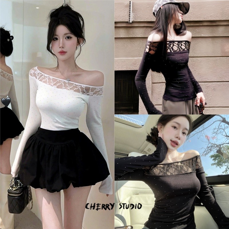 Cherry🦊พร้อมส่ง🌟คอชุดเดี่ยวลูกไม้ปักเพชร! เสื้อยืดแขนยาวสตรีทสาว ใหม่ล่าสุดเซ็กซี่งานโชว์หลังปาร์ตี้งานโชว์คาเฟ่สกินน