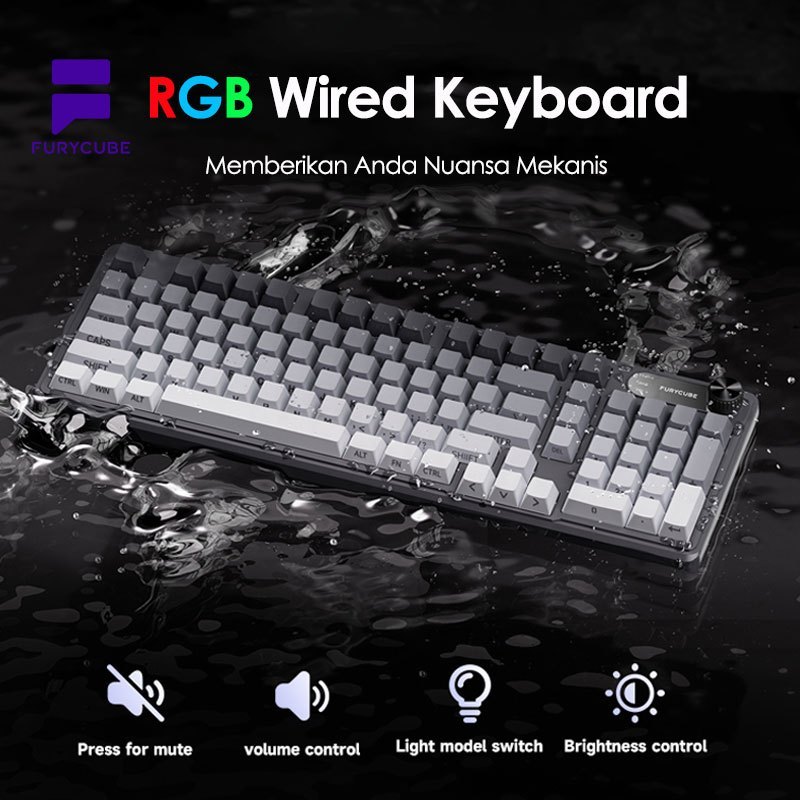 FURYCUBE IP98 คีย์บอร์ดเมมเบรนไร้สาย RGB พร้อมลูกบิด Keyboar Gaming Office Gradient Keycaps