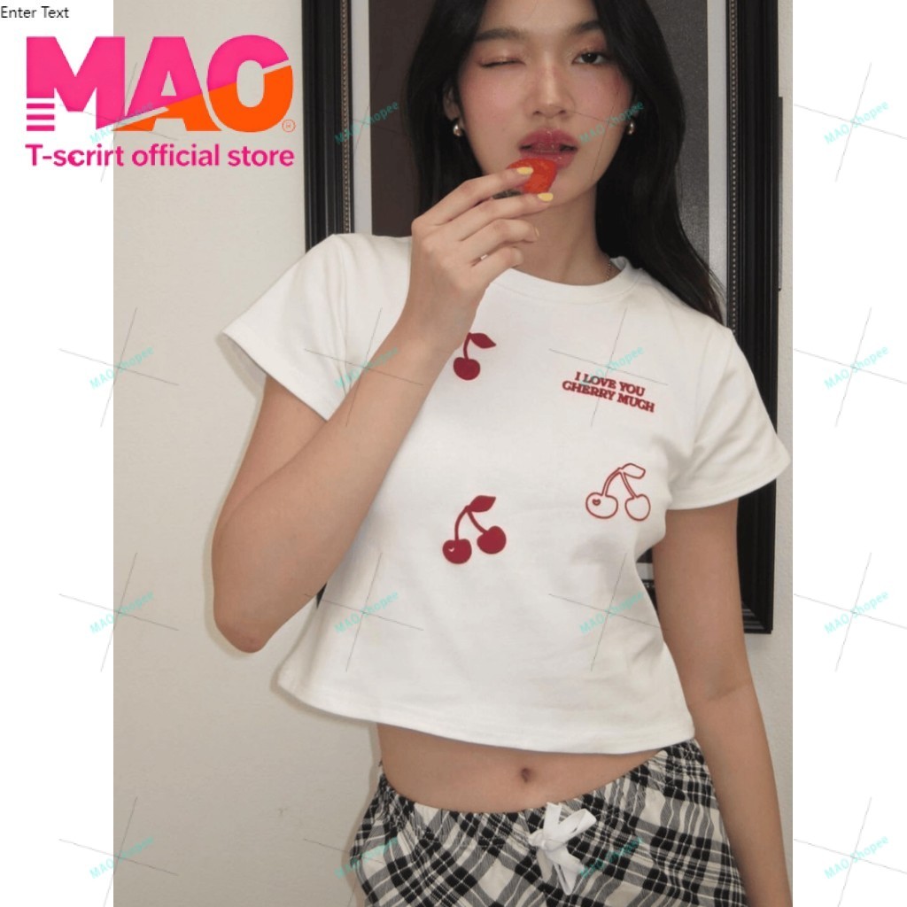 COD (จัดส่งในกรุงเทพฯ) เสื้อคอกลมเปิดหน้าท้องพิมพ์ลายเชอร์รี่สำหรับผู้หญิง เสื้อยืดแขนสั้นเข้ารูปน่ารักสำหรับทุกวัน