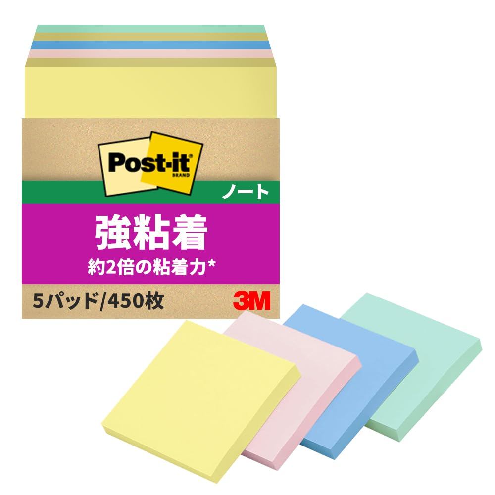 3M Post-it Notes Strong Adhesive Large Pastel Color 75×75mm 90 sheets×5 pads 654-5SSAP Eco Mark cert