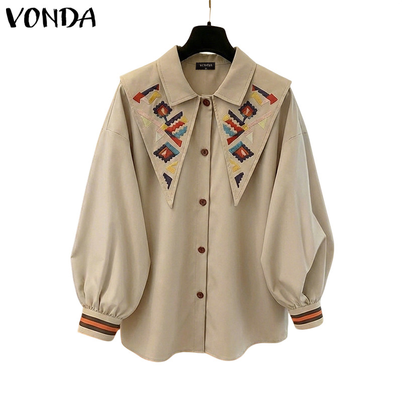 VONDA เสื้อเชิ้ตวินเทจสำหรับผู้หญิง ลายพิมพ์แพทช์เวิร์ค ปกปลดได้