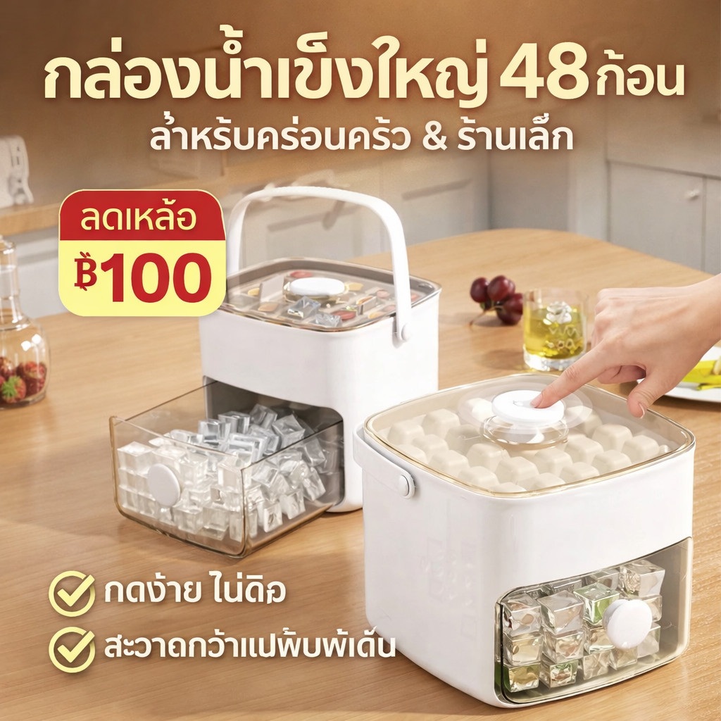 โปรลดแรง 100฿ | แม่พิมพ์น้ำแข็งแบบกด 2 ชั้น ปล่อยง่ายใน 1 วินาที | กล่องใหญ่ 48 ก้อน สำหรับครอบครัว & ร้านเล็ก
