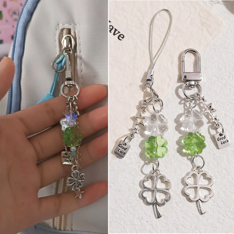 Lucky Four-leaf Clover Handmade ลูกปัดโซ่โทรศัพท์มือถือฤดูร้อน Ins สไตล์กระเป๋ากล้องโซ่กระเป๋าจี้พวงกุญแจน่ารัก🔥 รวมภาษีแล้ว