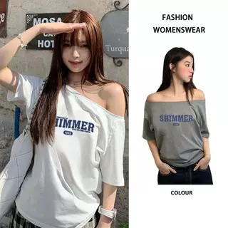 สาวลดอายุ เสื้อคนอ้วนเซ็กซี่ไซส์ใหญ่ เสื้อปาดไหล่ผู้หญิง เรียบง่าย หลากสี ผ้าใส่สบาย สไตล์เกาหลี ทรงหลวม เสื้อยืดผู้หญิง