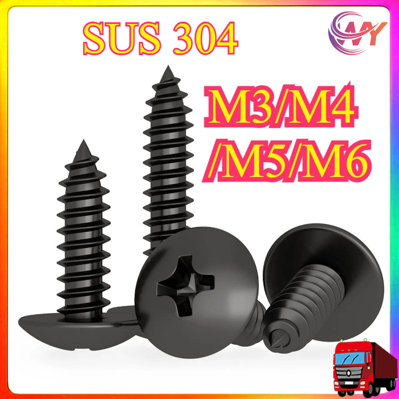 สีดํา 304 สแตนเลสข้ามหัวแบนขนาดใหญ่ Self-Tipping สกรูไม้สกรู M3/M4/M5/M6 * L6-60 มม.WY-MB