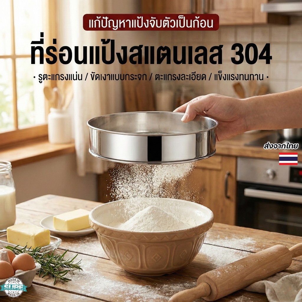 ตะแกรงร่อนแป้ง สแตนเลส 304 ทรงกลม มีให้เลือก 5 ขนาด (15-30ซม.) แข็งแรง ใช้งานง่าย สำหรับอบขนม