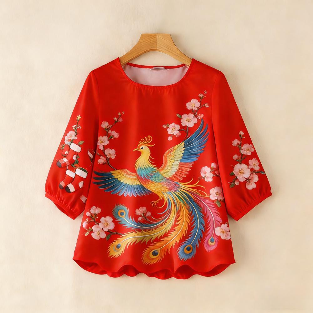 เสื้อตรุษจีน ชุดสตรีจีนสไตล์วินเทจปีใหม่ เสื้อพิมพ์ลายจีนสีแดง แขนสามส่วนหลวมๆ ไซส์พลัสสำหรับผู้หญิง - รูปที่ 7
