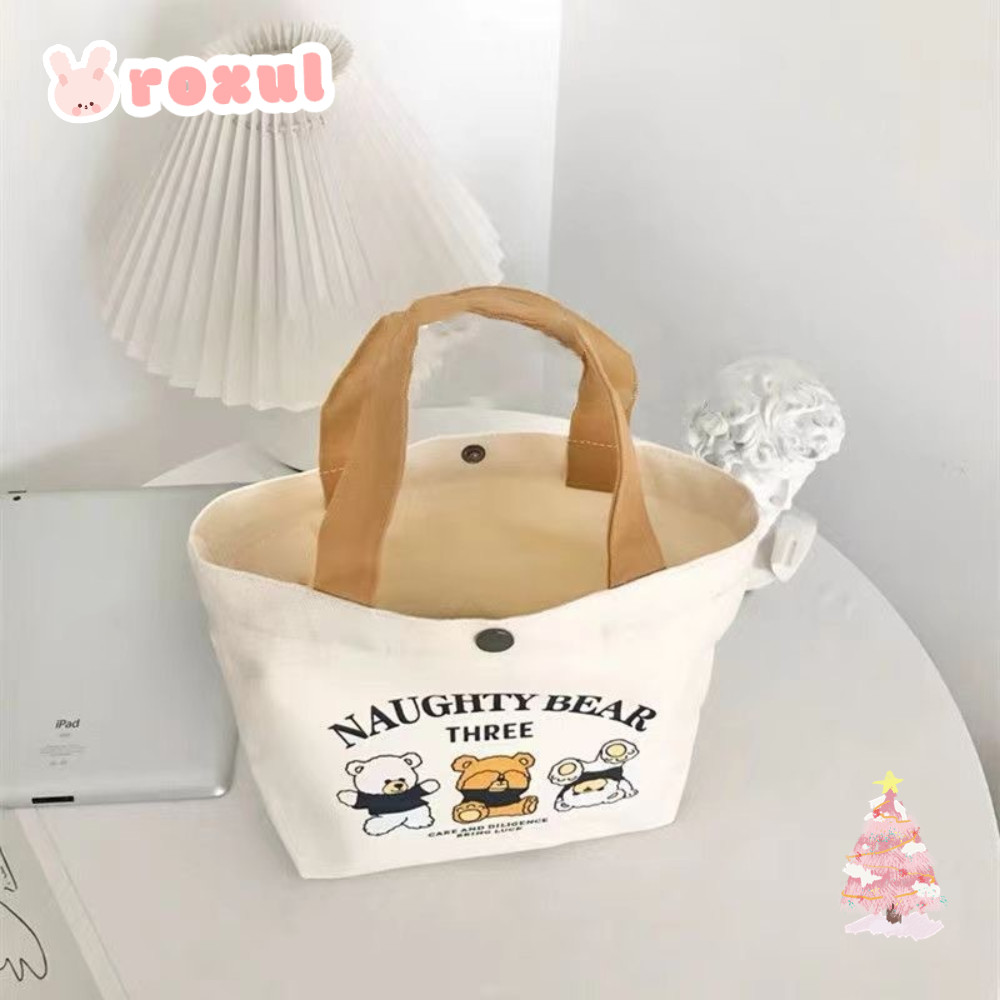 Roxul Canvas Tote Bag, กระเป๋าถือมินิผ้าแคนวาสลายการ์ตูน, กระเป๋าเดินทางถุงอาหารกลางวันความจุขนาดใหญ่สีพีชน่ารัก