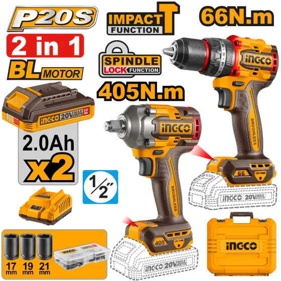 INGCO ชุด Combo Kit 20V (P20S) สว่านกระแทก66NM + บล็อกกระแทก405NM ไร้แปรงถ่าน รุ่น  CKLI20286 พร้อมแบตเตอรี่ 2.0Ah x2
