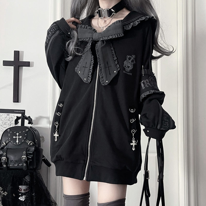 TC Original Printed Subculture Embroidered Bow Rivet Loose Sailor Collar Jacket