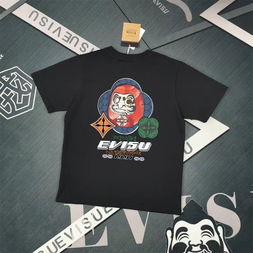 EVC Street Wear สำหรับผู้ชาย ลายพิมพ์สบายๆ ทรงคลายหลวมที่คอ เสื้อยืดแขนสั้น เหมาะสำหรับฤดูร้อน