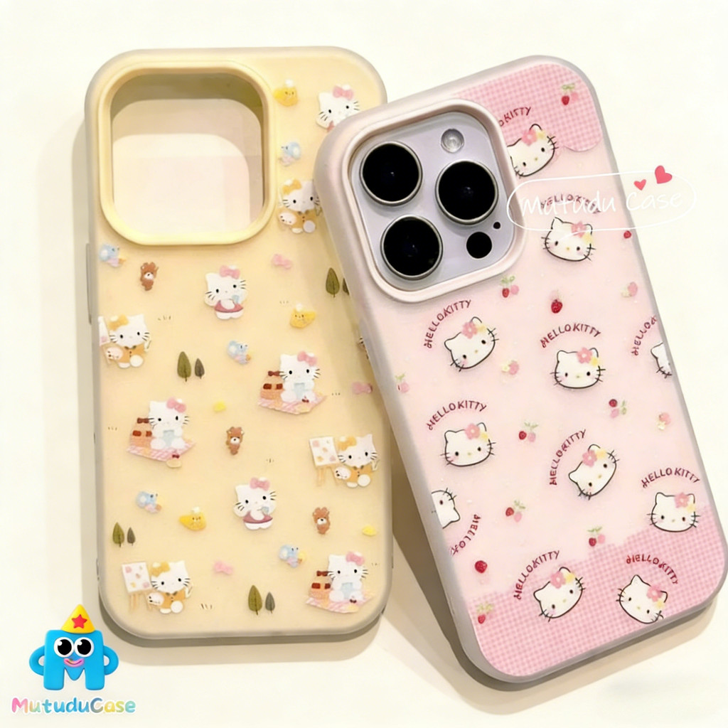 สำหรับ IPhone 15 12 16 7 11 13 14 Pro Max XS XR X Max 7 8 15 Plus การ์ตูนสตรอเบอร์รี่โบว์คิตตี้น่ารักใหม่ 2 ใน 1 กรณี
