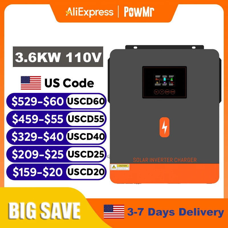 PowMr 3.6KW Hybrid Solar Inverter 24V 110V Off Grid Pure Sine Wave อินเวอร์เตอร์เฟสเดียวพร้อม MPPT 1