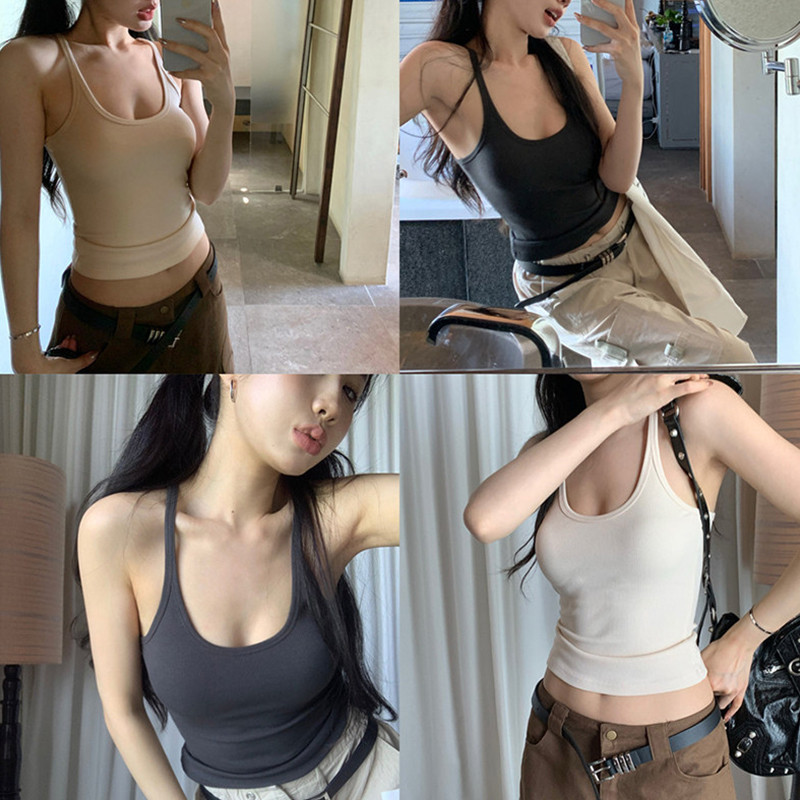 เสื้อกล้ามผู้หญิง เบสิก สีพื้น ดีไซน์คอคล้อง ทรงเข้ารูป เนื้อผ้านุ่มและยืดหยุ่น สไตล์เกาหลีลำลอง FZ050