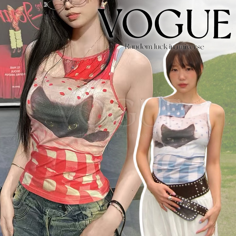 Vogue🌟พร้อมส่ง🌟 เสื้อกล้าม คอกลมผ้ายืด ลายน้องแมวน่ารักๆ เข้ารูป มี2สี (FY9493)