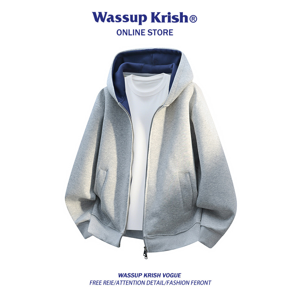 WASSUP KRISH สีทึบซิปคู่ Hooded เสื้อสเวตเตอร์ถักผู้ชายฤดูใบไม้ผลิ Heavy หนาโปรไฟล์แจ็คเก็ต