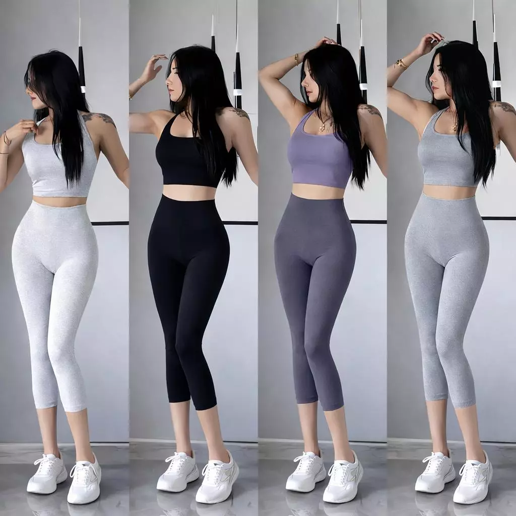 กางเกงเลกกิ้งขายาว 7 ส่วน เอวสูงเก็บพุง ผ้ายืดคอตตอนผสมสเปนเด็กซ์ ใส่แล้วหุ่นสวย สไตล์สปอร์ตเกิร์ล