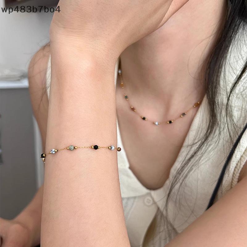 Wpb สร้อยคอแฟชั่นย้อนยุคหินธรรมชาติประกบลูกปัดเรียบง่ายสร้อยคอหญิงแสงหรูหราสร้อยคอสร้อยข้อมือเครื่อง