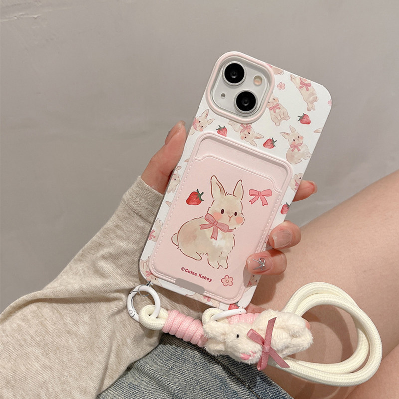 โบว์กระต่ายสตรอเบอร์รี่สายรัดข้อมือเคสโทรศัพท์สําหรับiphone 15 16 14 7plus 8p 6 xsmax XR 11 14 13 Promax 11 12 Soft Case