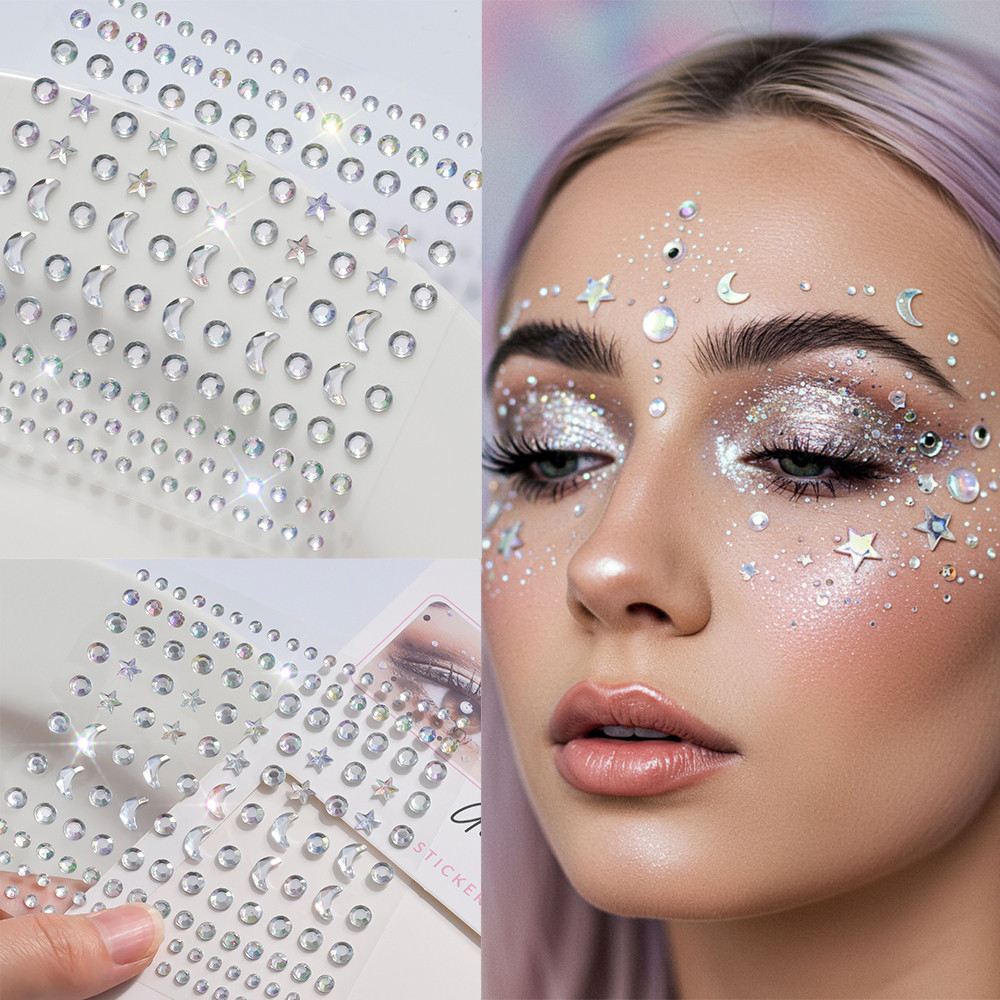 สติกเกอร์คริส탈 Rhinestone แบบติดเองได้ ลายเดือนและดาว เพื่อแต่งหน้าและสร้อยคอtemporary tattoos