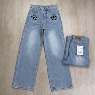 กางเกงยีนส์ขากระบอก สียีนส์ฟอกแต่งเฟด ปักดอกไม้ ผ้าไม่ยืด ป้…