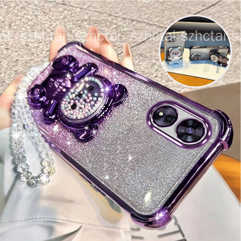 ปลอกสําหรับ OPPO reno 8t 4G reno 8t 5G Luxury Sparkly Glitter เคสโทรศัพท์สายรัดข้อมือสร้อยข้อมือคริสตัลเชือกเส้นเล็ก, Quicksand ลูกปัดหมีขาตั้งผู้ถือเคสโทรศัพท์